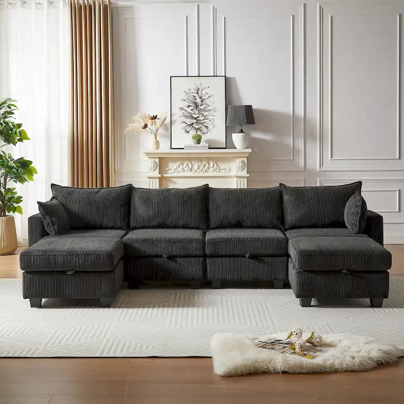 6-Piece Convertible Corduroy Modular Sectional Sofa with Storage Seats, 2 Removable Ottomans, Free Combination