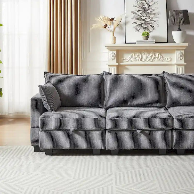 6-Piece Convertible Corduroy Modular Sectional Sofa with Storage Seats, 2 Removable Ottomans, Free Combination