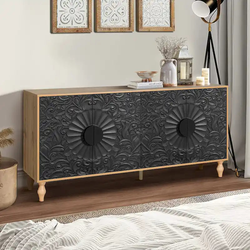 Black+Natural 62.99 Accent TV Stand with Carved Doors, Shelf, and Solid Wood Legs