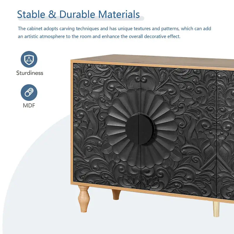 Black+Natural 62.99 Accent TV Stand with Carved Doors, Shelf, and Solid Wood Legs