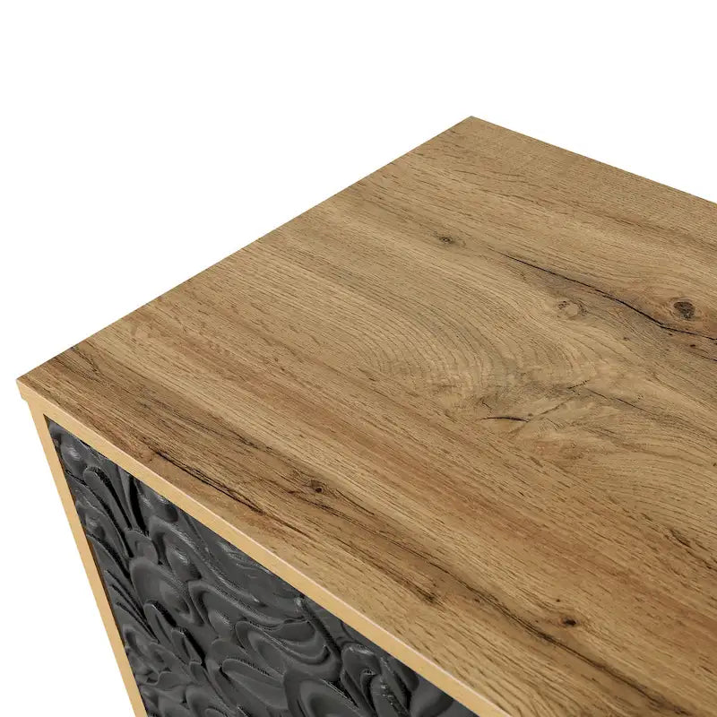 Black+Natural 62.99 Accent TV Stand with Carved Doors, Shelf, and Solid Wood Legs