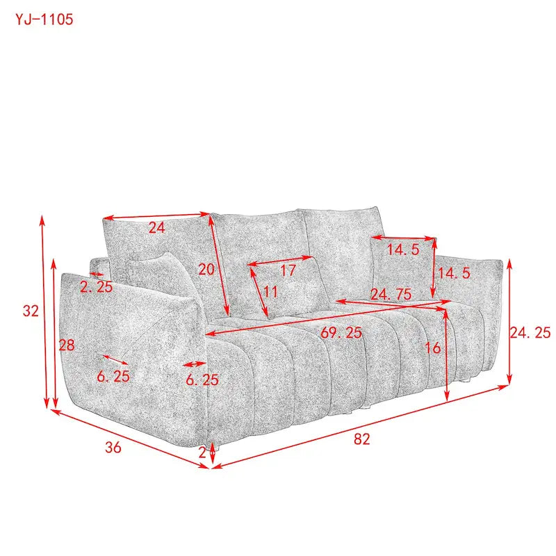 Green 82 Teddy Upholstered 3-Seater Sofa with 3 Back Pillows and Solid Wood Frame