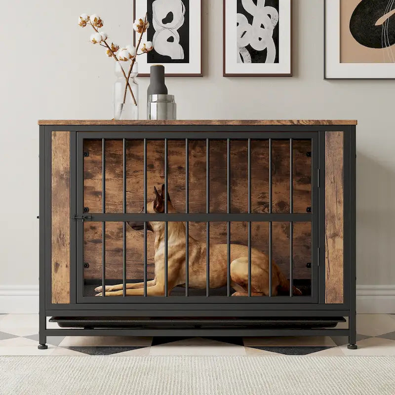Dog Crate Furniture,Wooden Dog Crate Table,38.9 Dog Kennel with 2 Sliding Doors and Thick Iron Door Frame,Decorative Pet House