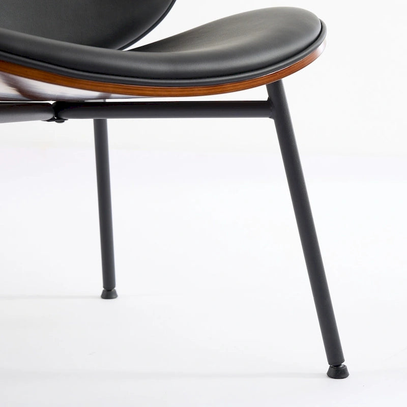 Shell Chair Single Side Chair Tripod Black Leather Lounge Chair in Walnut Finish Comfortable Backrest,Black color