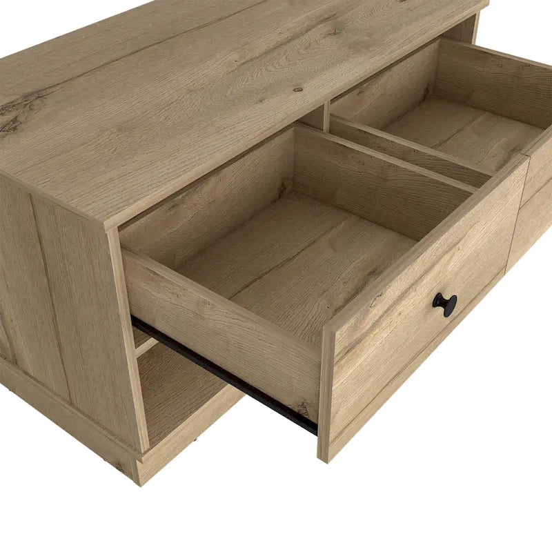 Storage Bench, Lower Shelf, Two Drawers, Light Oak Finish