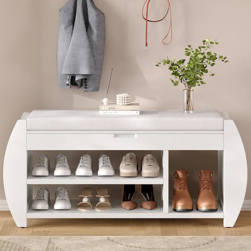 Multifunctional Storage Bench with Cushion and Curved Side Panel for Entrance and Living Room