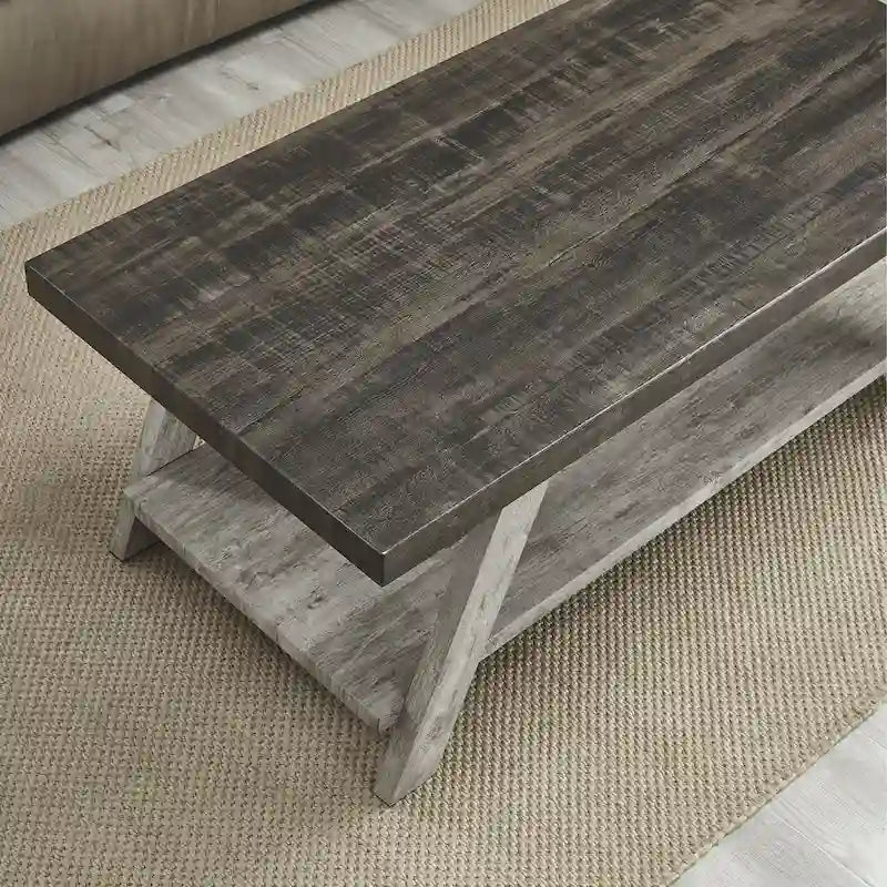 Contemporary Two-Tone Wood Shelf Coffee Table in Weathered for Living Room