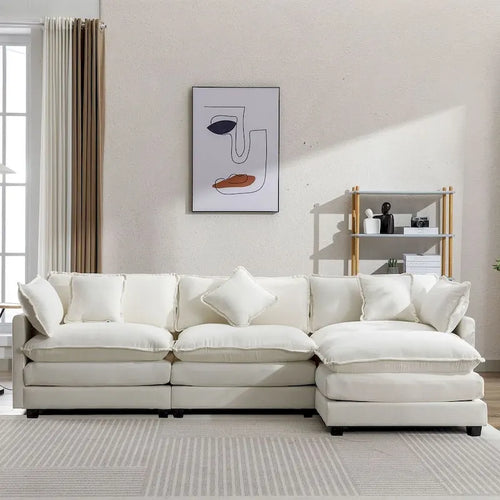 112 Modern L-Shape Chenille Upholstered Sofa with 5 Pillows