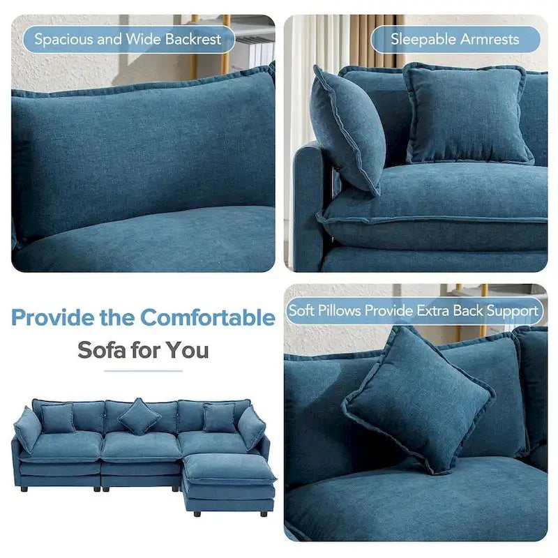 112 Modern L-Shape Chenille Upholstered Sofa with 5 Pillows