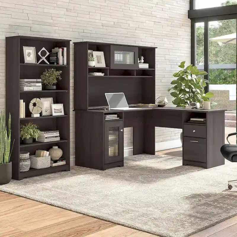 Cabot 60W L-Desk with Hutch and 5 Shelf Bookcase by Bush Furniture