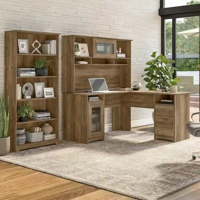 Cabot 60W L-Desk with Hutch and 5 Shelf Bookcase by Bush Furniture