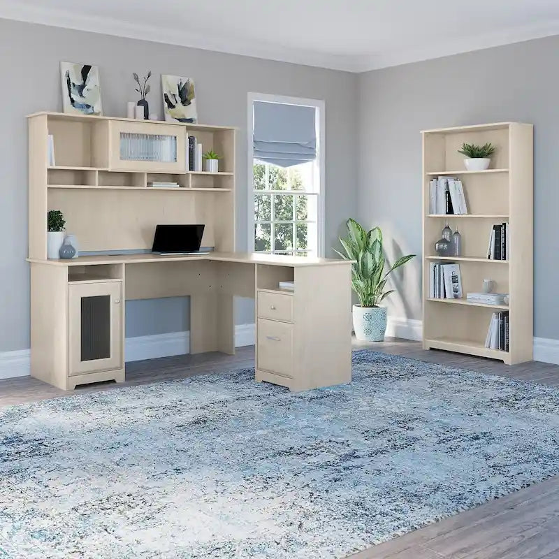 Cabot 60W L-Desk with Hutch and 5 Shelf Bookcase by Bush Furniture
