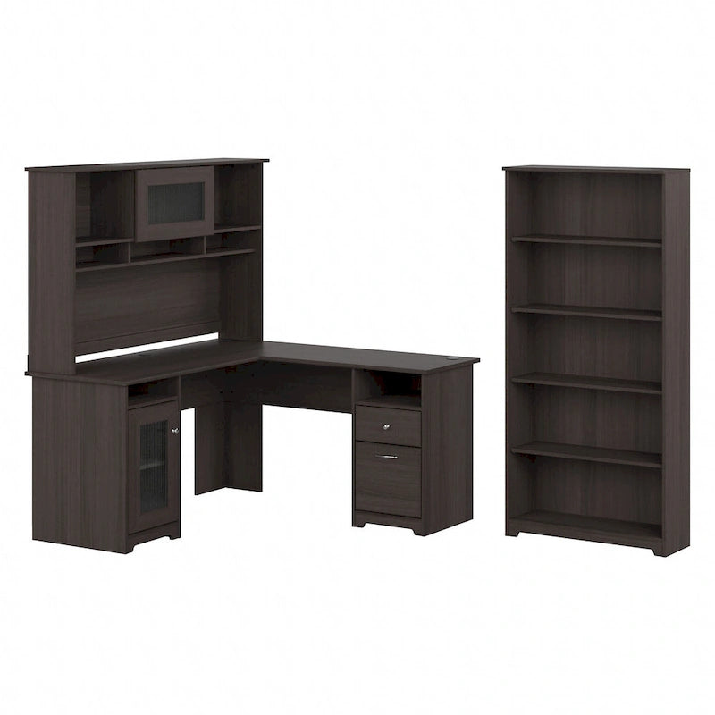 Cabot 60W L-Desk with Hutch and 5 Shelf Bookcase by Bush Furniture