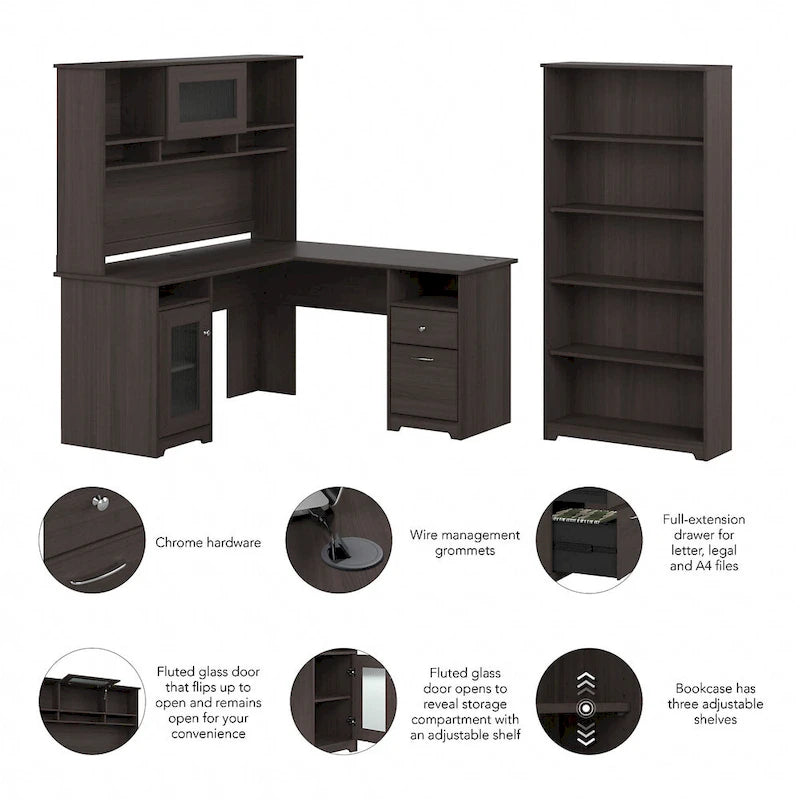 Cabot 60W L-Desk with Hutch and 5 Shelf Bookcase by Bush Furniture