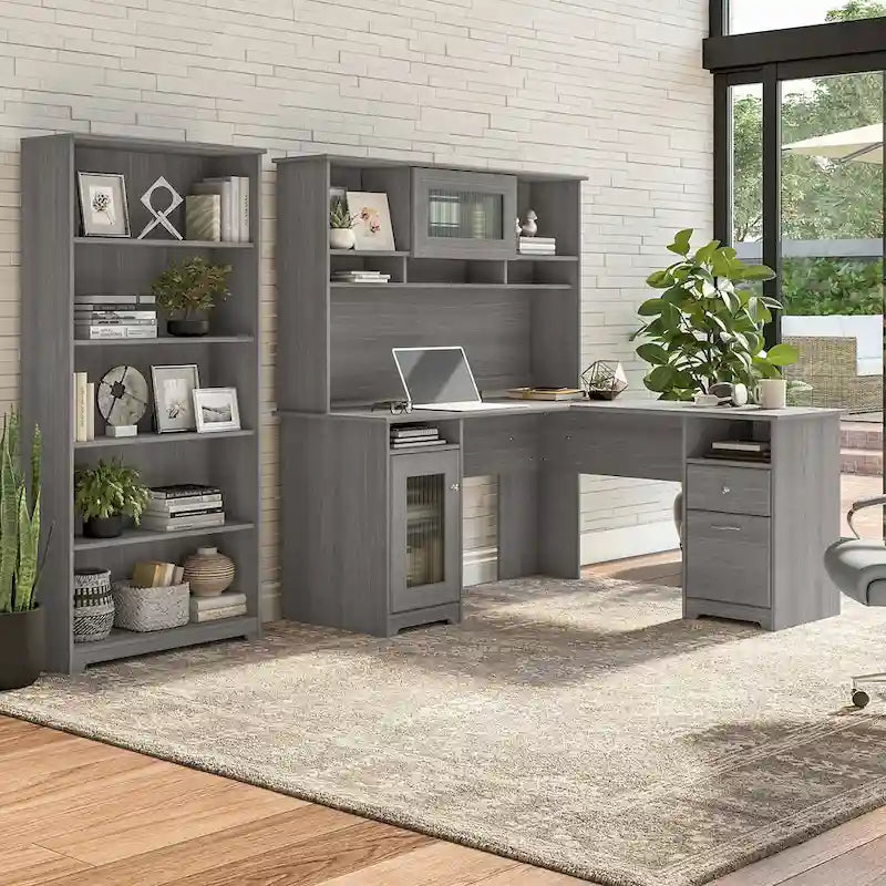 Cabot 60W L-Desk with Hutch and 5 Shelf Bookcase by Bush Furniture