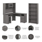 Cabot 60W L-Desk with Hutch and 5 Shelf Bookcase by Bush Furniture