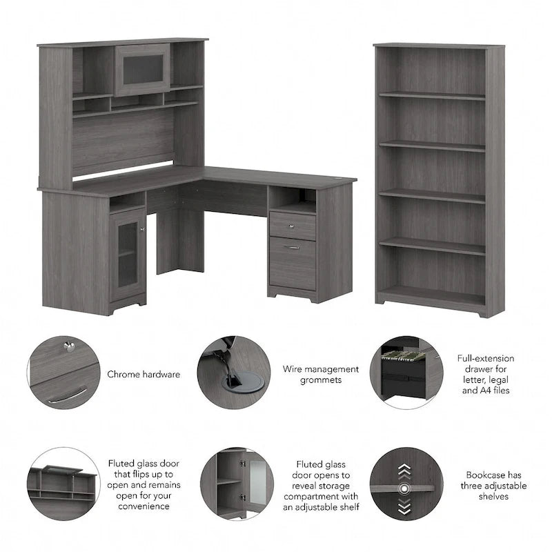 Cabot 60W L-Desk with Hutch and 5 Shelf Bookcase by Bush Furniture