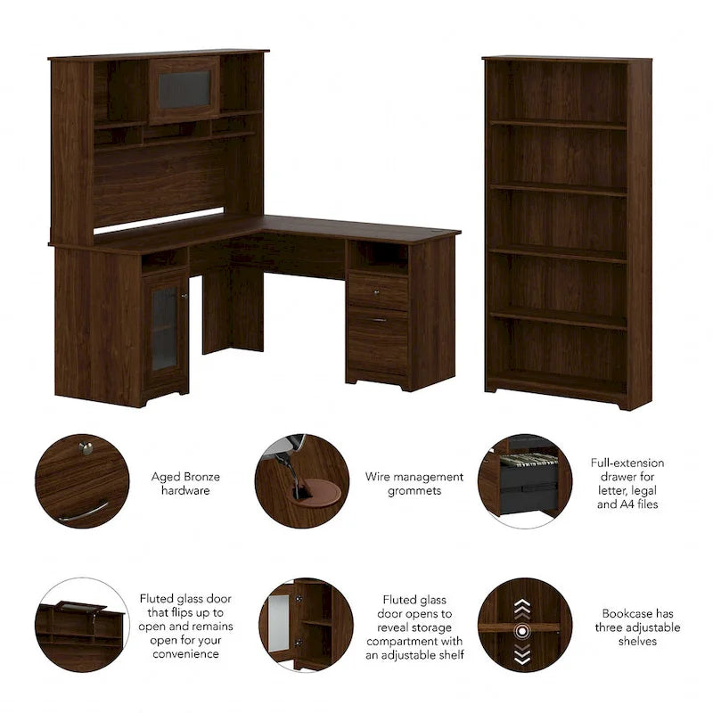 Cabot 60W L-Desk with Hutch and 5 Shelf Bookcase by Bush Furniture