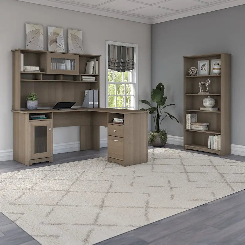 Cabot 60W L-Desk with Hutch and 5 Shelf Bookcase by Bush Furniture