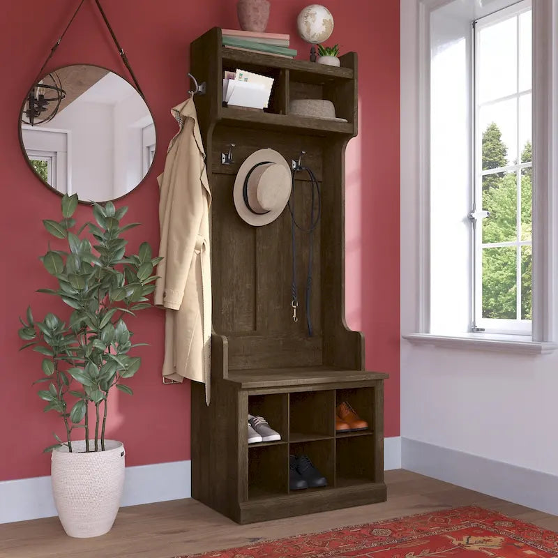 Woodland Hall Tree and Small Shoe Bench with Shelves by Bush Furniture