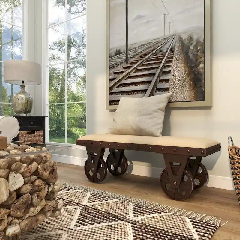 Linen Fabric Vintage Industrial Inspired Home Bench with Wheels and Linen Upholstered Seat - Brown - Roche River Decor