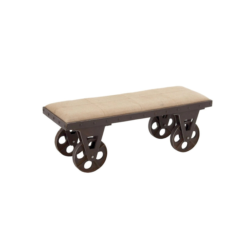 Linen Fabric Vintage Industrial Inspired Home Bench with Wheels and Linen Upholstered Seat - Brown - Roche River Decor