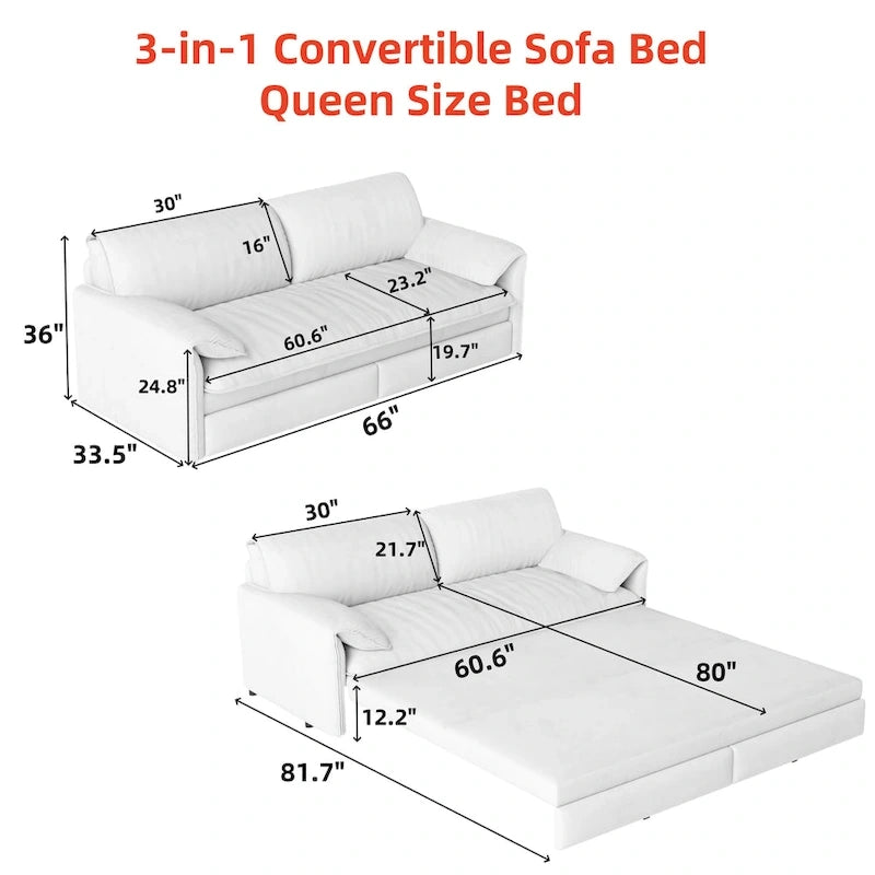 3-in-1 Convertible Sleeper Sofa with Side Storage, 66 Queen Pull Out Sofa Bed, Velvet Loveseat Bed