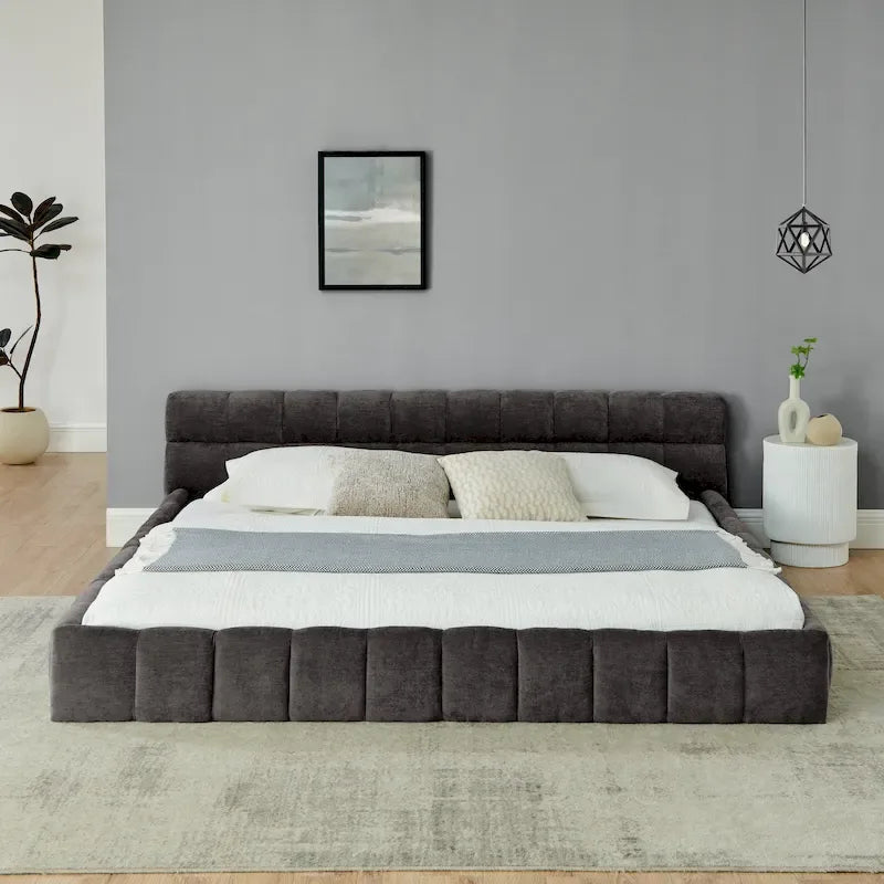 King Size Upholstered Bed Frame with Chenille Fabric, Sturdy Platform Bed Featuring Headboard and Solid Wood Frame
