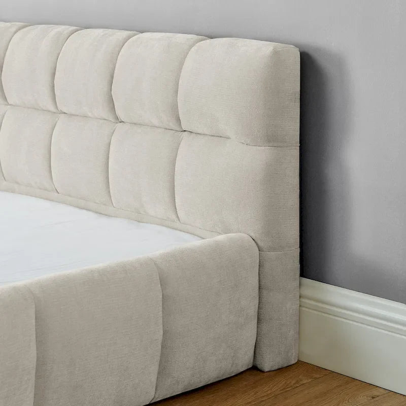 King Size Upholstered Bed Frame with Chenille Fabric, Sturdy Platform Bed Featuring Headboard and Solid Wood Frame