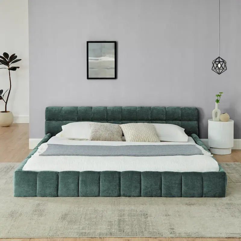 King Size Upholstered Bed Frame with Chenille Fabric, Sturdy Platform Bed Featuring Headboard and Solid Wood Frame