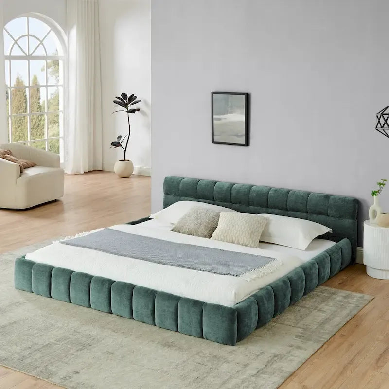 King Size Upholstered Bed Frame with Chenille Fabric, Sturdy Platform Bed Featuring Headboard and Solid Wood Frame