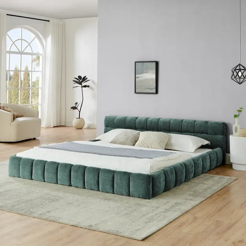 King Size Upholstered Bed Frame with Chenille Fabric, Sturdy Platform Bed Featuring Headboard and Solid Wood Frame