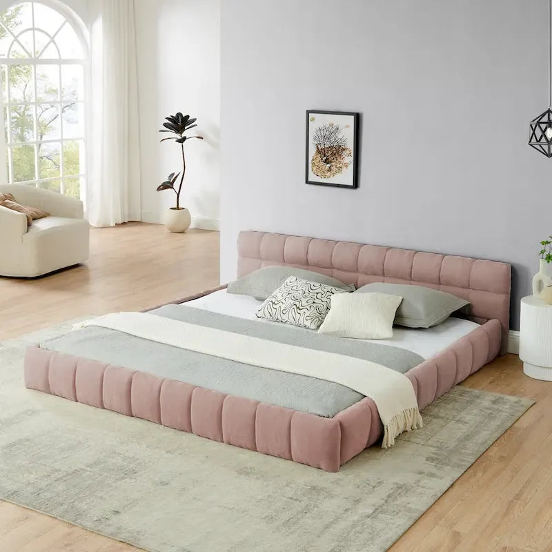 King Size Upholstered Bed Frame with Chenille Fabric, Sturdy Platform Bed Featuring Headboard and Solid Wood Frame