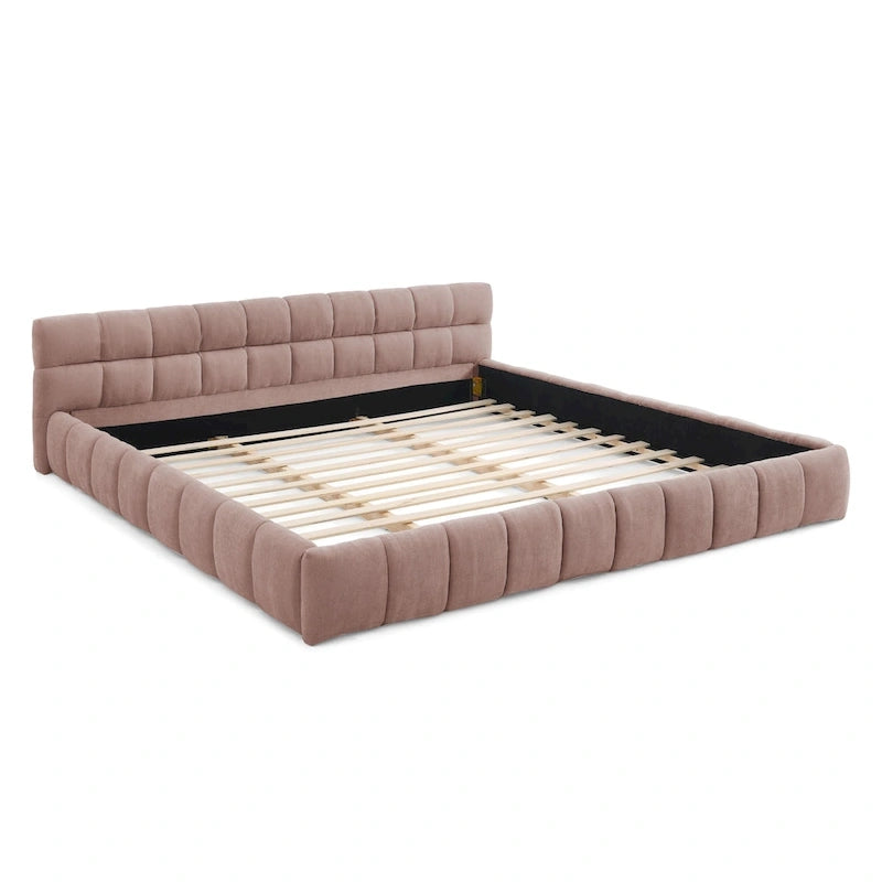 King Size Upholstered Bed Frame with Chenille Fabric, Sturdy Platform Bed Featuring Headboard and Solid Wood Frame