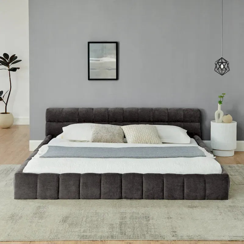King Size Upholstered Bed Frame with Chenille Fabric, Sturdy Platform Bed Featuring Headboard and Solid Wood Frame