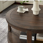 40 Modern 2-Tier Round Coffee Table with Wood Grain Top and 4 Wheels at the Bottom, Suitable for Living Room, Bedroom, Office