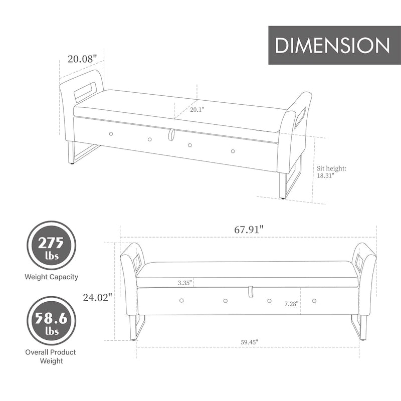 67.91Wide Velvet Storage Soft Bench with Armrests for Living Room, Entryway and Bedroom