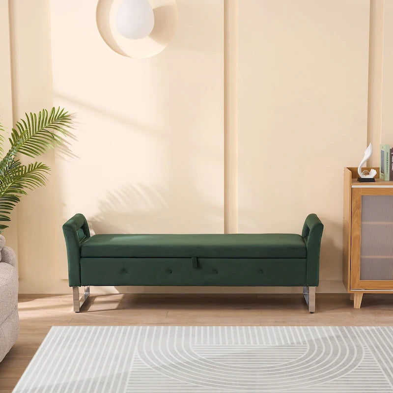 67.91Wide Velvet Storage Soft Bench with Armrests for Living Room, Entryway and Bedroom