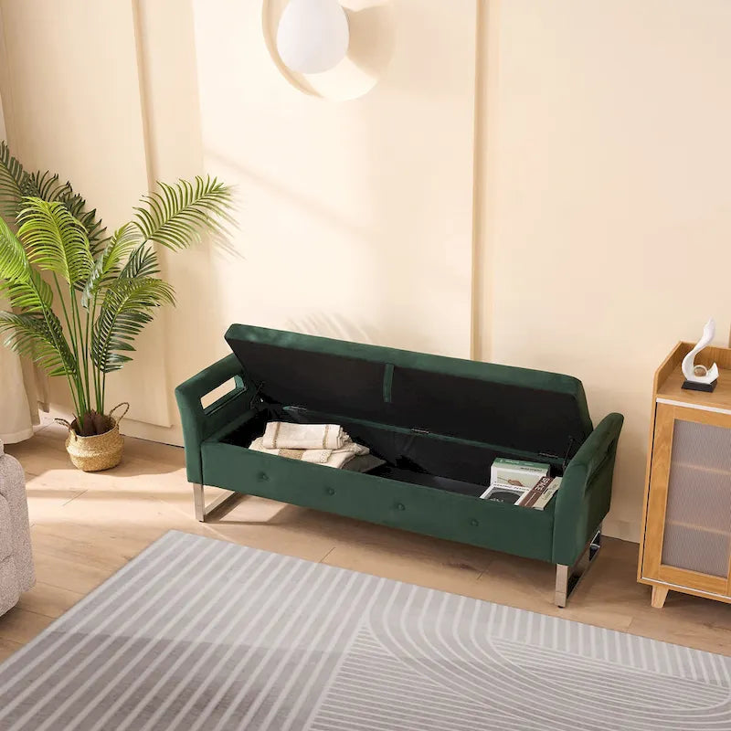 67.91Wide Velvet Storage Soft Bench with Armrests for Living Room, Entryway and Bedroom