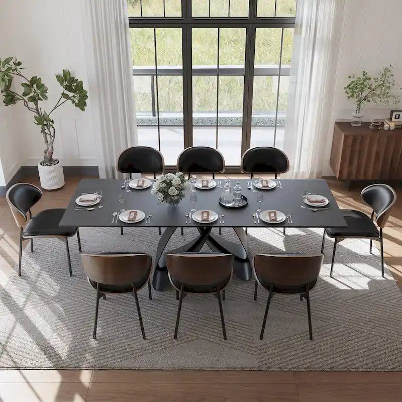 63-94Modern Extendable Dining Table for 6-10, Matte Black Kitchen Table with Black Carbon Steel Legs
