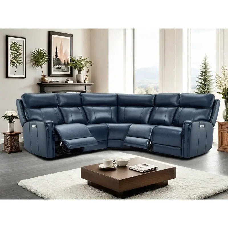 Genuine Leather Power Recliner Sectional Sofa with Ajustable Headrest, Dual Power, USB&USB-C Port