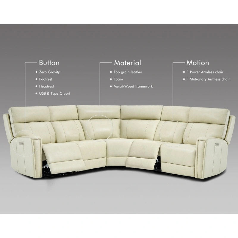 Genuine Leather Power Recliner Sectional Sofa with Ajustable Headrest, Dual Power, USB&USB-C Port