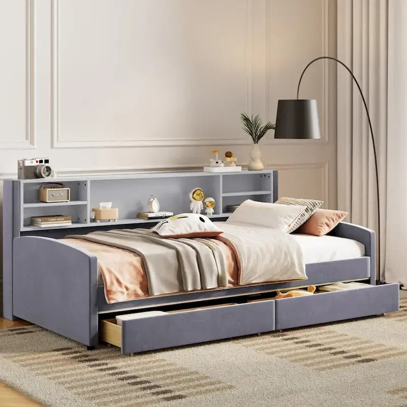 Platform Corner Bed Frame Upholstered Bed with Storage and Drawers