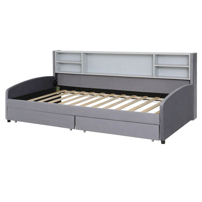 Platform Corner Bed Frame Upholstered Bed with Storage and Drawers