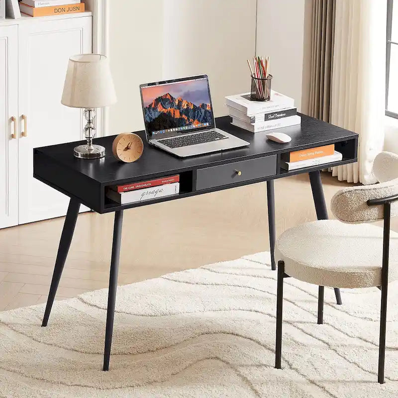 Mid Century Desk with USB Ports and Power Outlet, Modern Writing Study Desk with Drawers,Home Office Computer Desk