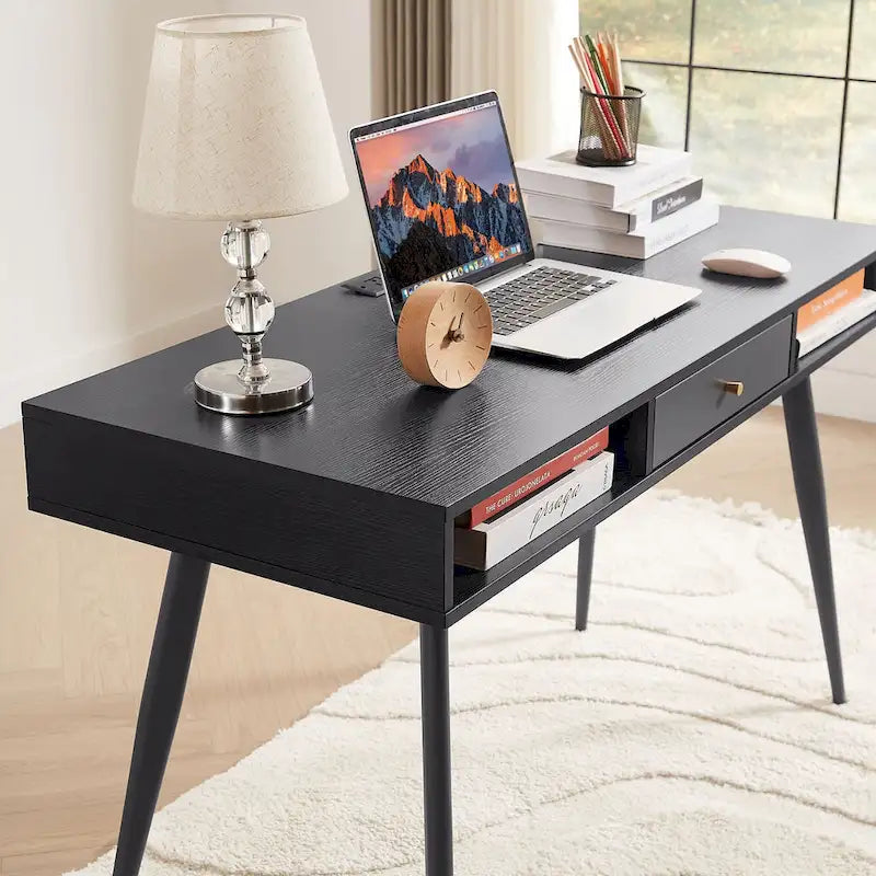 Mid Century Desk with USB Ports and Power Outlet, Modern Writing Study Desk with Drawers,Home Office Computer Desk
