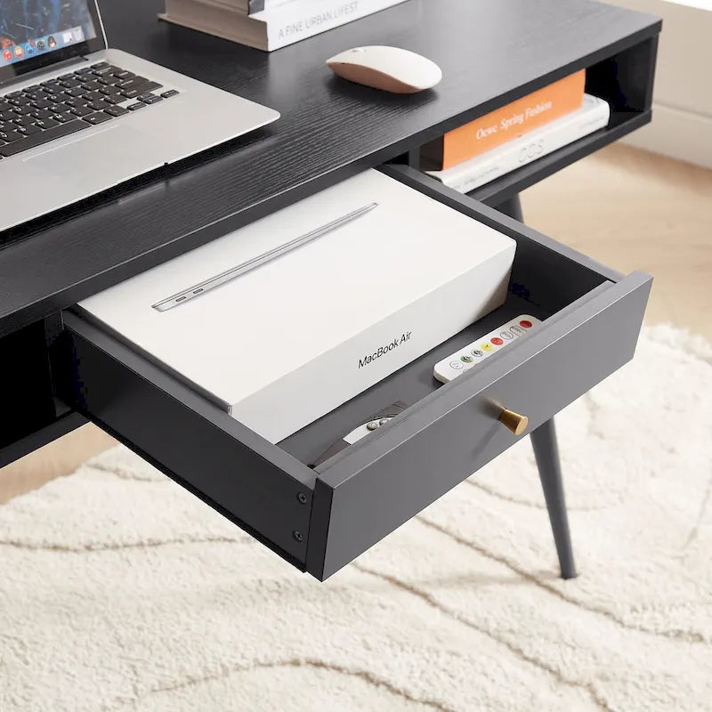 Mid Century Desk with USB Ports and Power Outlet, Modern Writing Study Desk with Drawers,Home Office Computer Desk