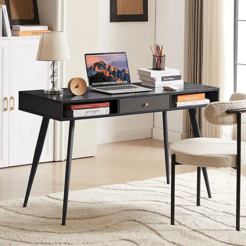 Mid Century Desk with USB Ports and Power Outlet, Modern Writing Study Desk with Drawers,Home Office Computer Desk
