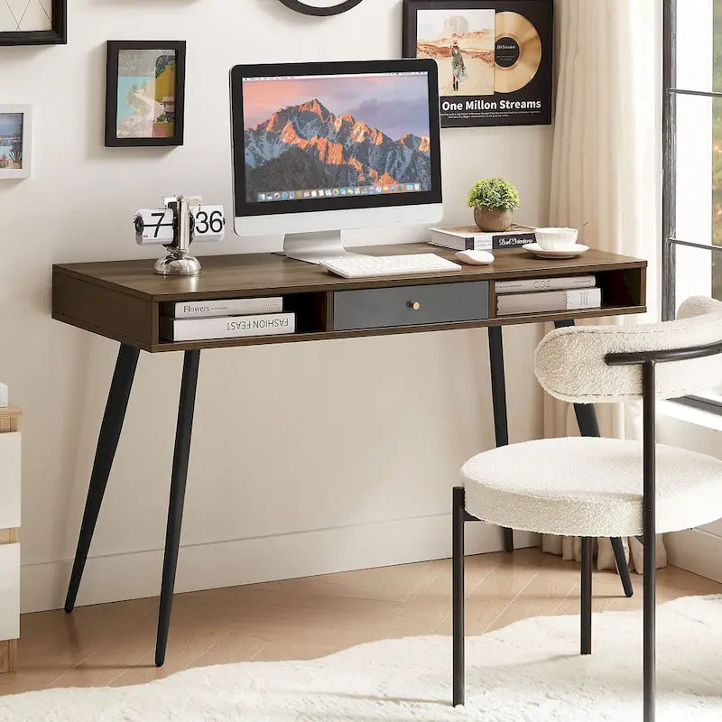 Mid Century Desk with USB Ports and Power Outlet, Modern Writing Study Desk with Drawers,Home Office Computer Desk