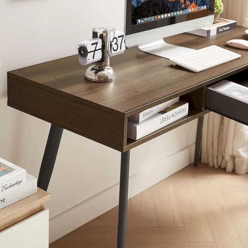 Mid Century Desk with USB Ports and Power Outlet, Modern Writing Study Desk with Drawers,Home Office Computer Desk